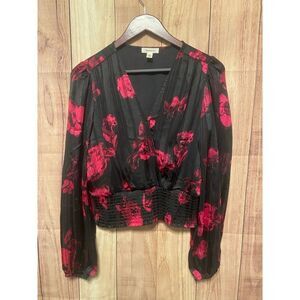 Tamara H Small black pink rose blouse top shirt deep V sexy
